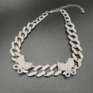 Butterfly Cuban Link Chain Necklace Silver Tone Y2K Rhinestone Bling Iced Out